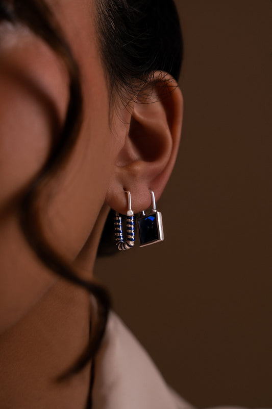 Blue Silver Metal Lock Earrings